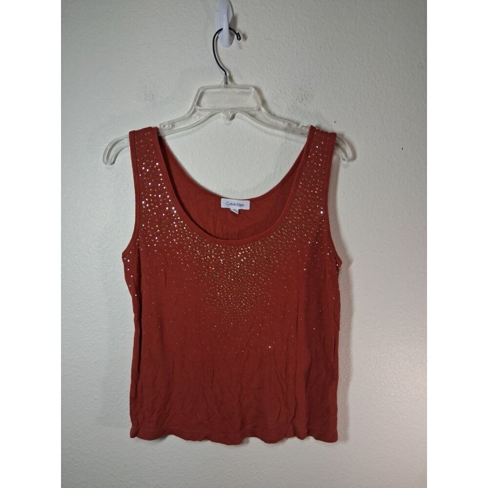 Calvin Klein Tank Top Rhinestone Embellished Bling Shirt Boho Women's Size Large